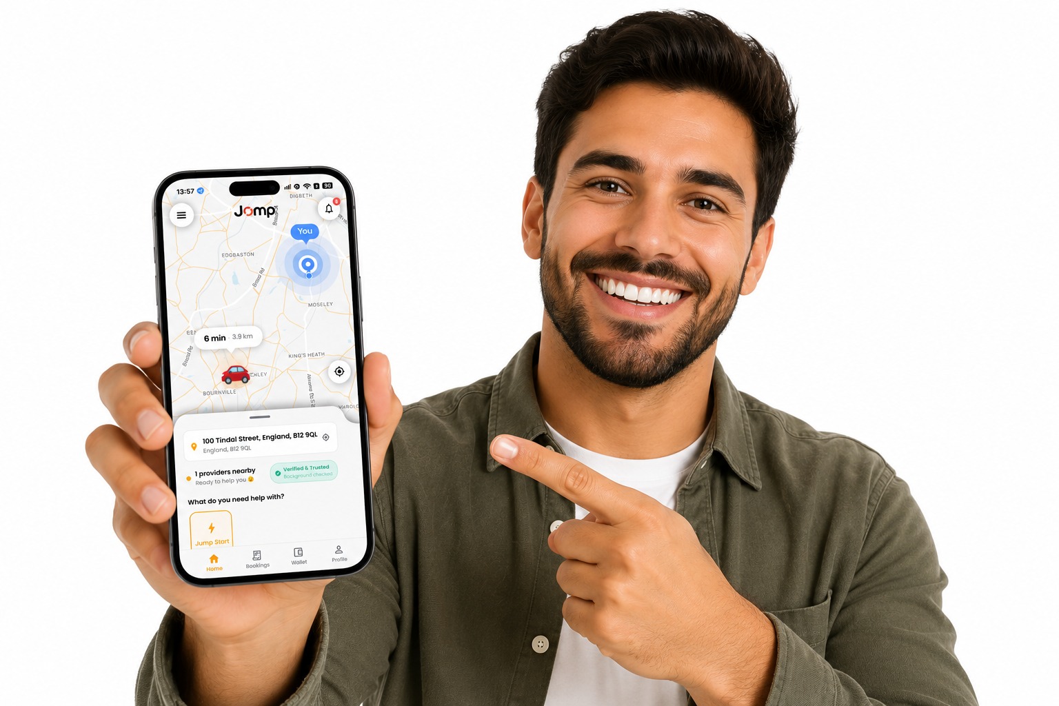 Man holding smartphone showing the JOMP customer app