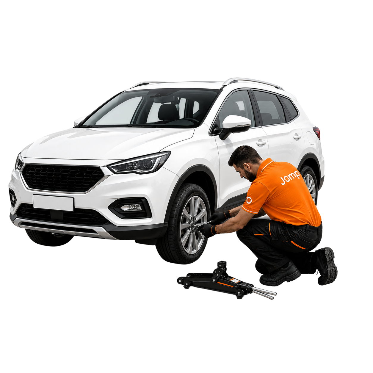 JOMP technician changing a tyre on a white SUV