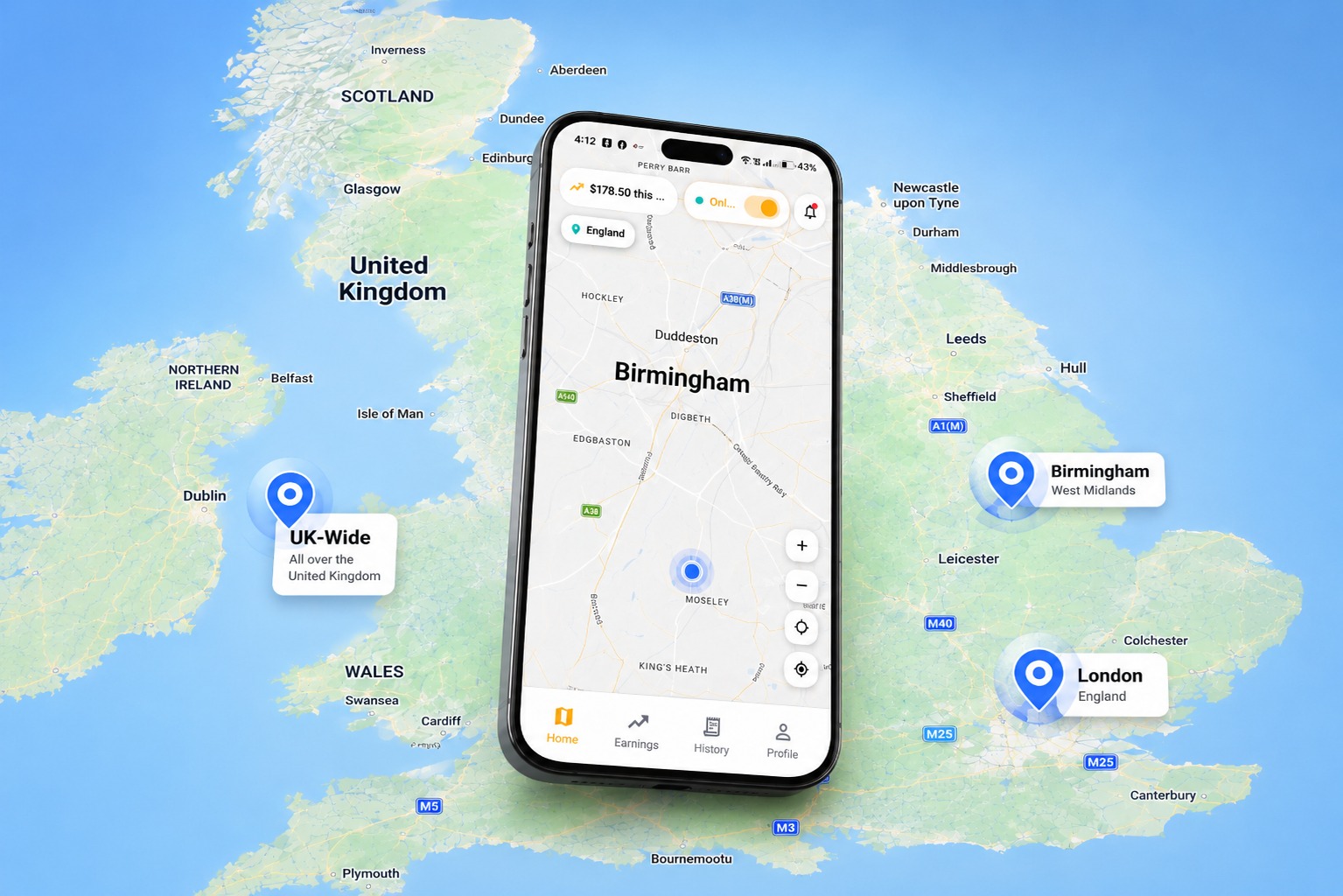 UK map with JOMP app showing coverage across Birmingham, London and nationwide