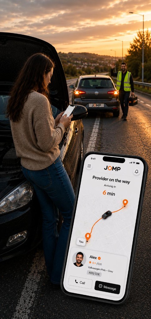 Driver requesting roadside help beside a broken-down car, with the JOMP app tracking a provider nearby