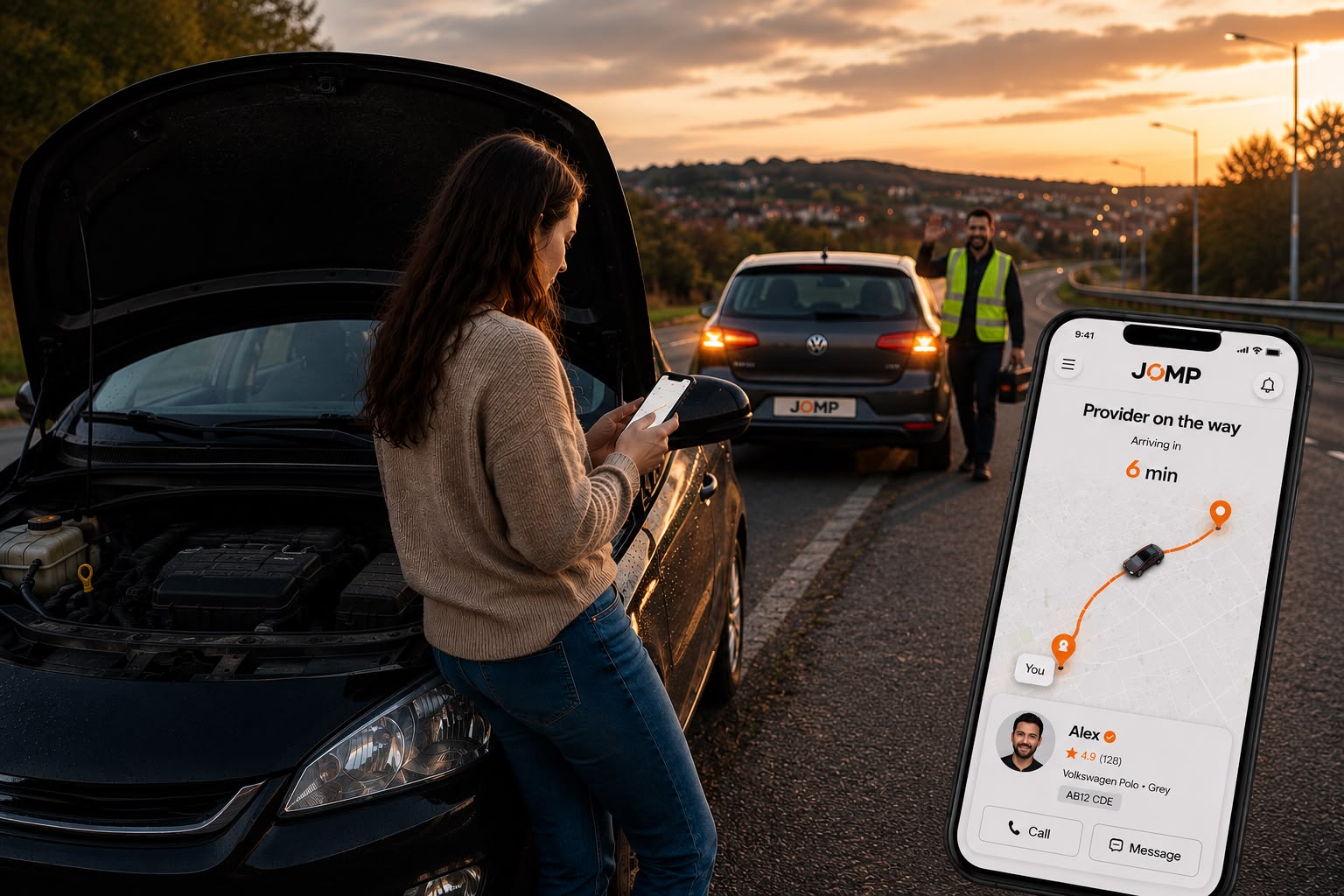 Driver requesting roadside help beside a broken-down car, with the JOMP app tracking a provider nearby