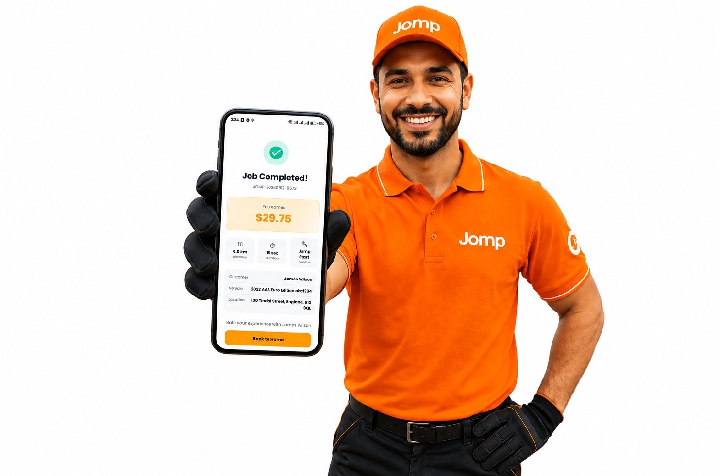 Provider holding smartphone showing the JOMP provider app