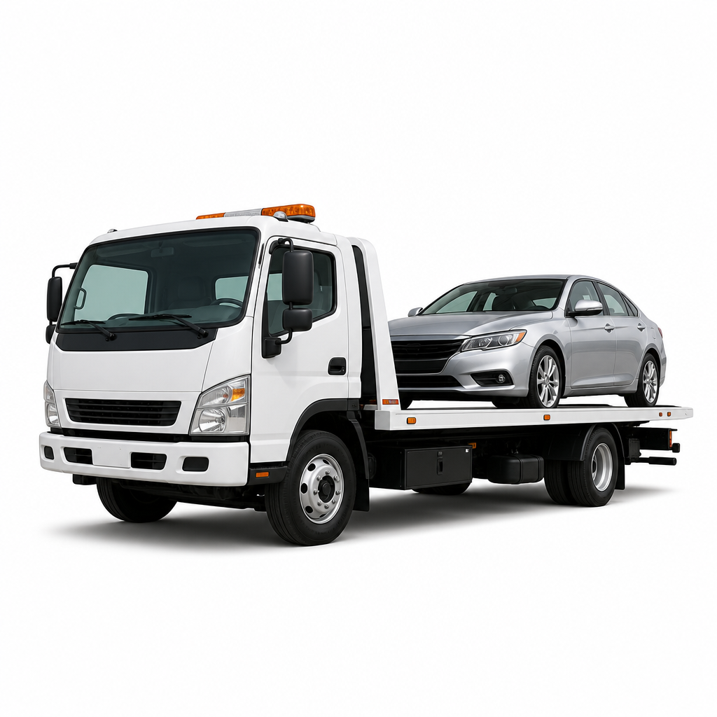 Flatbed tow truck carrying a sedan